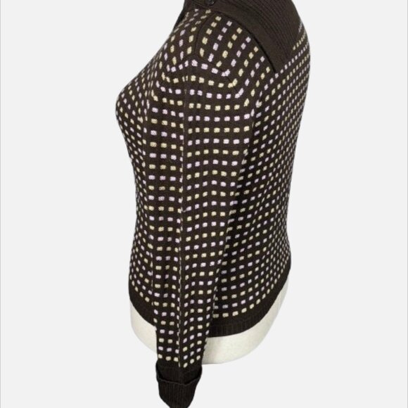 VTG San Remo Dark Brown Heritage Checkered Sweater Shawl Button Collar L - Picture 7 of 15